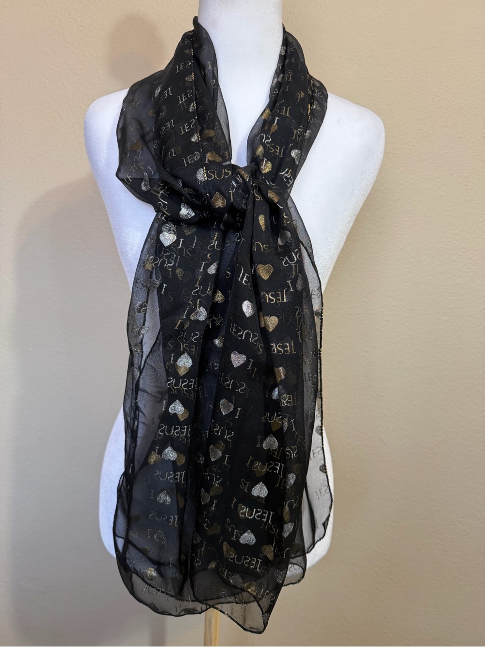 I ❤️Jesus Black Sheer Heart-Print Scarf with Metallic Accents 64x20”